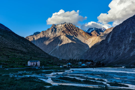 Lahaul valley in Himalayas on sunset