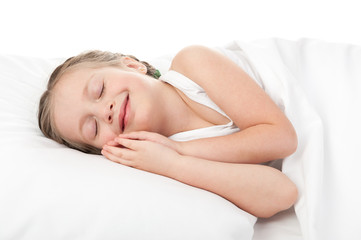 Obraz na płótnie Canvas cheerful girl in white bed