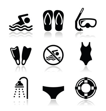 Swimming, scuba diving, sport vector icons set