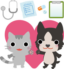 動物病院の小物と犬と猫