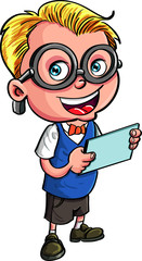 Cute Cartoon nerd holding a tablet computer