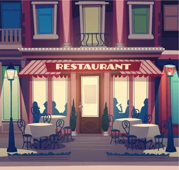 Fototapete Gezeichnetes Straßencafé Restaurant Retro-Illustration