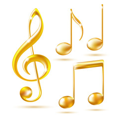 Naklejka premium Gold icons of a Treble clef and music notes.