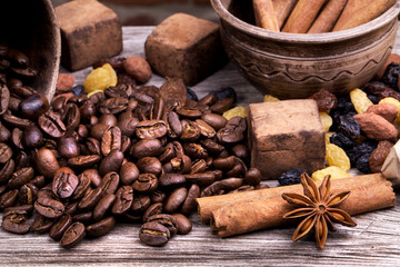 coffee with Chocolate bar and spices