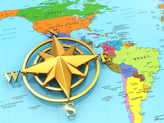 Fototapeta na wymiar Navigation sign or compass on political map.