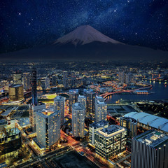 Surreal view of Yokohama city and Mt. Fuji
