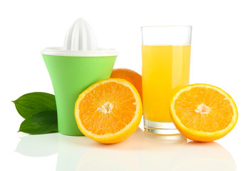 Citrus press, glass of juice and ripe oranges, isolated on