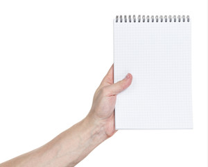 adult man hand holding notebook on a spring