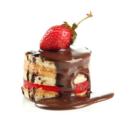 Tasty biscuit cake with chocolate and berry isolated on white