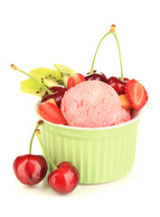 Delicious  ice cream with fruits and berries in bowl isolated