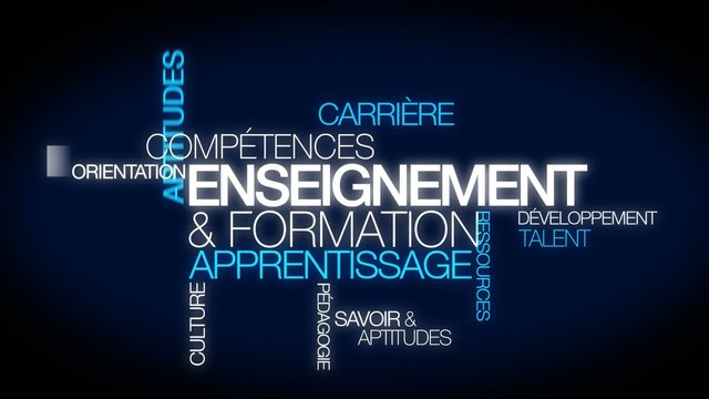 Enseignement formation apprentissage nuage de mots animation