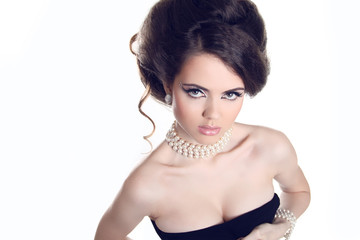 Beautiful Brunette Girl with hairstyle and make up isolated on w