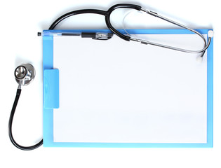 stethoscope and blue clipboard isolated on white