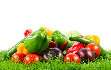 vegetable on green gras on isolated white  background