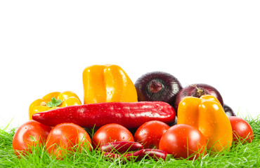 vegetable on green gras on isolated white  background