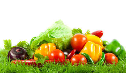 vegetable on green gras on isolated white  background