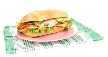 Fresh and tasty sandwich with ham and vegetables isolated