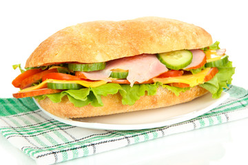 Fresh and tasty sandwich with ham and vegetables isolated