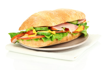 Fresh and tasty sandwich with ham and vegetables isolated