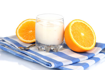 Delicious yogurt in glass with orange isolated on white