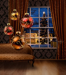 Fototapeta na wymiar Christmas balls in room, town view window