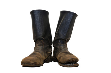 The old soldiers boots on white background.