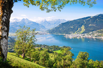 Beautiful landscape with Alps and lake, Zell am See, Austria - obrazy, fototapety, plakaty