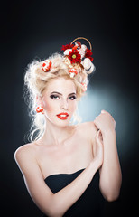 attractive blonde girl with fashion hair-style with mushrooms