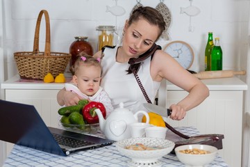 Mother with baby in kitchen.