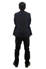 Businessman standing backside view on white background