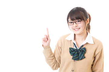 a young asian school girl showing on white background