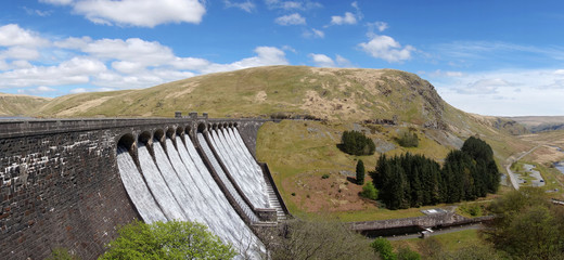 The Claerwen reservoir dam panorama, Elan Valley Wales UK.