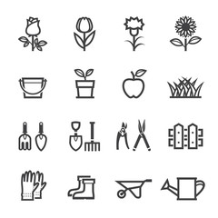 Flower and Gardening Tools Icons with White Background - obrazy, fototapety, plakaty