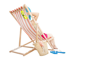 relaxed woman sitting on  beach chairs isolated on white