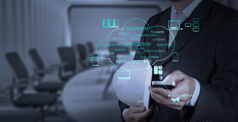 businessman hand use smart phone computer with email icon as con