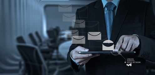 businessman hand use smart phone computer with email icon as con
