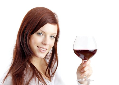 beautiful young woman enjoying wine (white background)