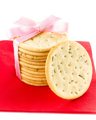 Festive Christmas shortbread  wrapped pastry cookies with red ri
