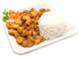 Garlic chicken rice isolated on white