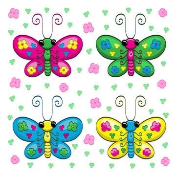 Cute cartoon butterflies and flowers