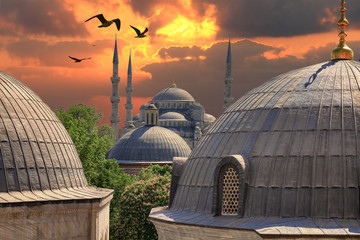 Sundown in Istanbul. Blue Mosque in the distance