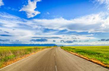 Beautiful landscape field of wheat, road, clouds and mountains