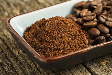 Ground coffee and coffee beans
