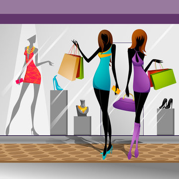 vector illustration of women doing shopping in mall