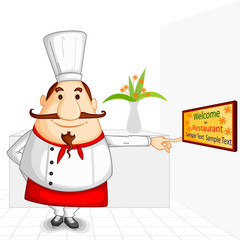 vector illustration of chef welcoming in restaurant
