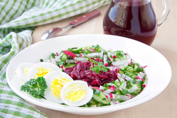 Traditional cold Lithuanian summery soup made of beets, cucumber
