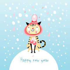 merry christmas card with a cat and snow