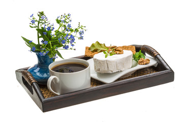 Breakfast with coffee, and cheese