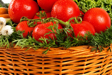 Closeup of fresh vegetables with water drops in basket