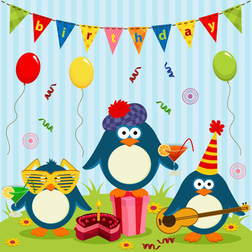 three cute penguins celebrate birthday - vector illustration